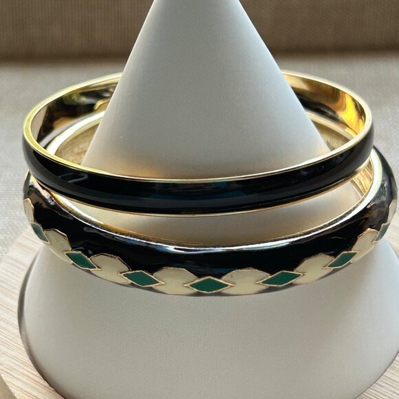 J Crew Enamel Bracelet Set of 2 Black Gold Green Geometric Diamond Design - Picture 11 of 12